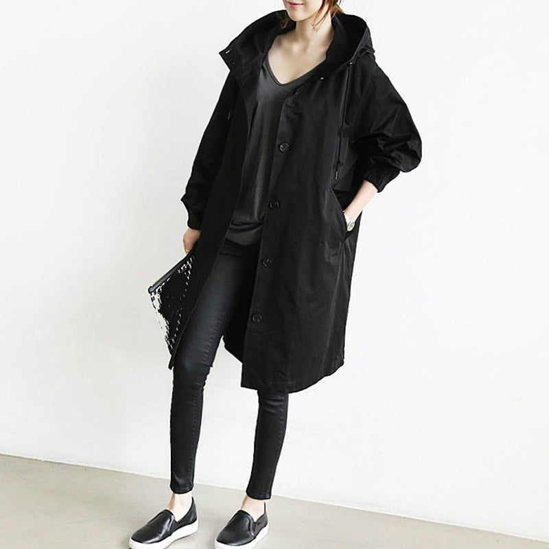Brittany Womens Oversized Hooded Trench Coat in Black