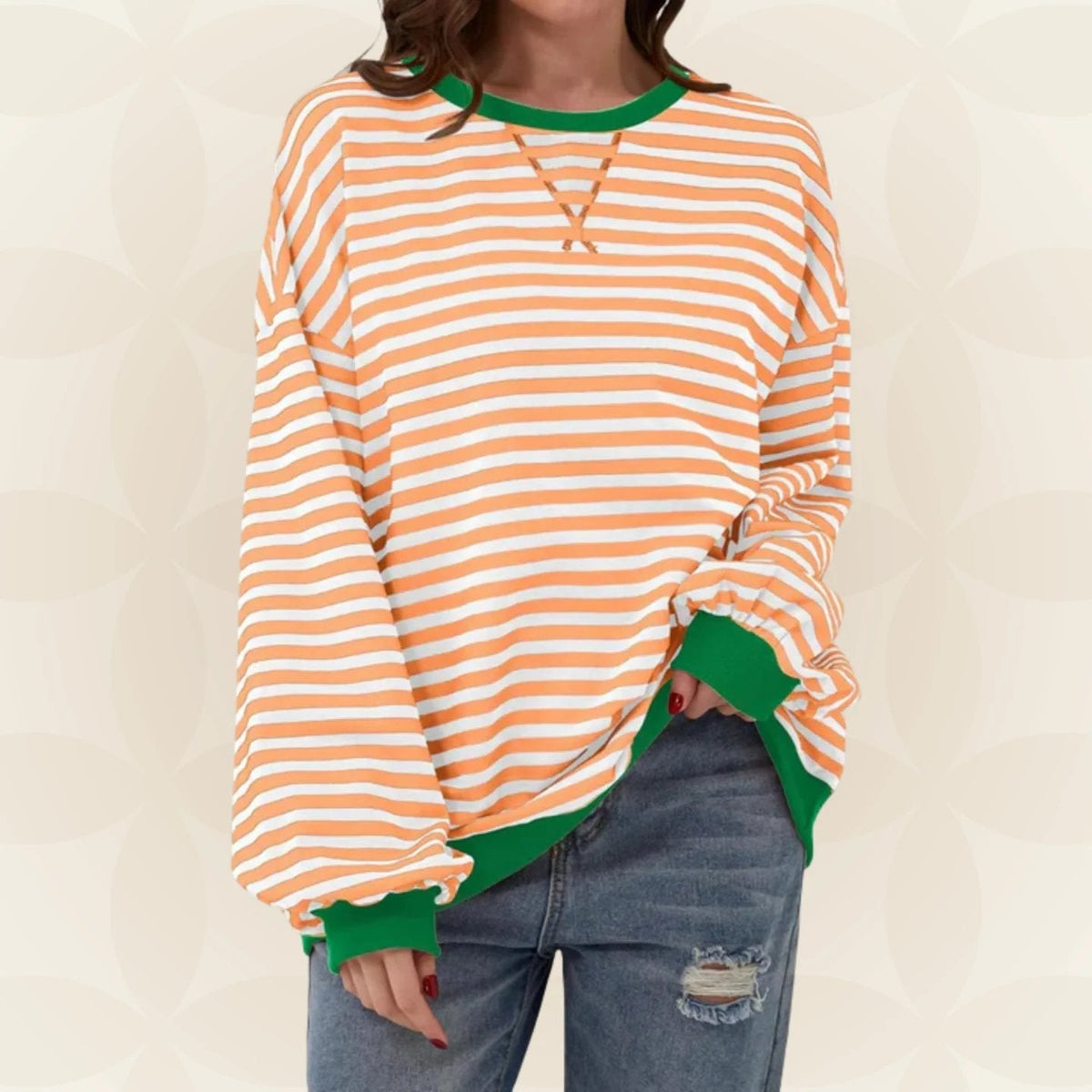 Nicole Womens Striped Sweatshirt with Contrast Ribbed Trim in Orange