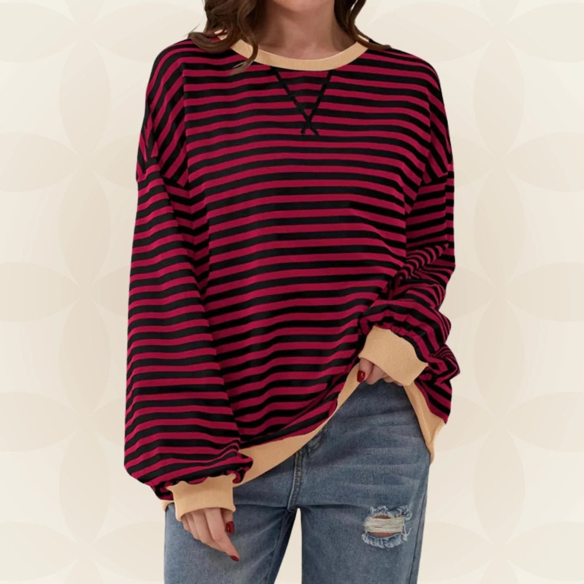 Nicole Womens Striped Sweatshirt with Contrast Ribbed Trim in Dark Red