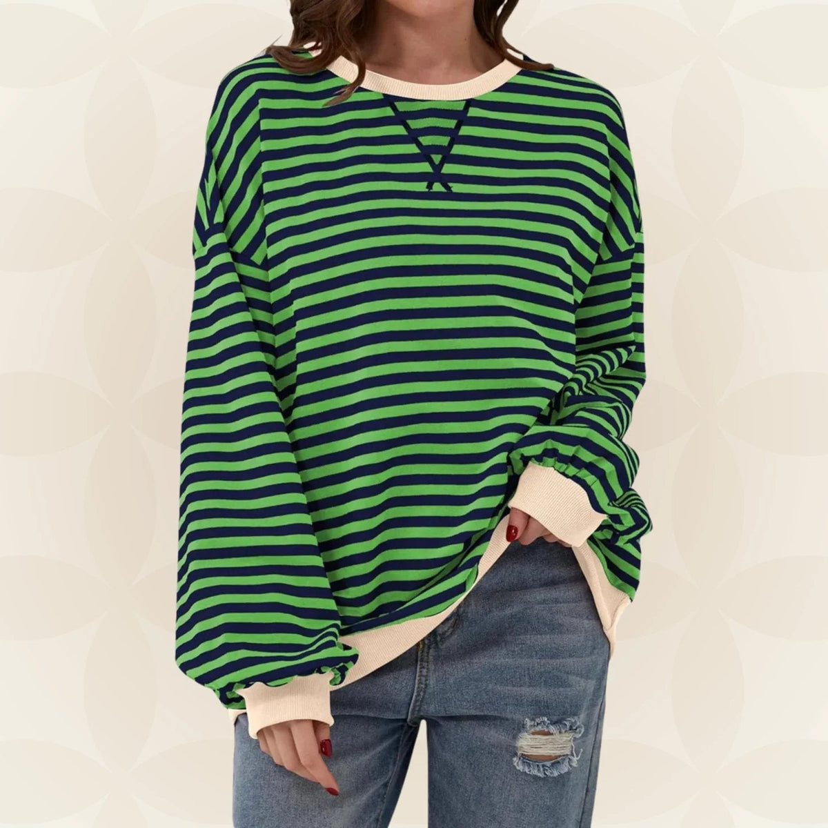 Nicole Womens Striped Sweatshirt with Contrast Ribbed Trim in Dark Green