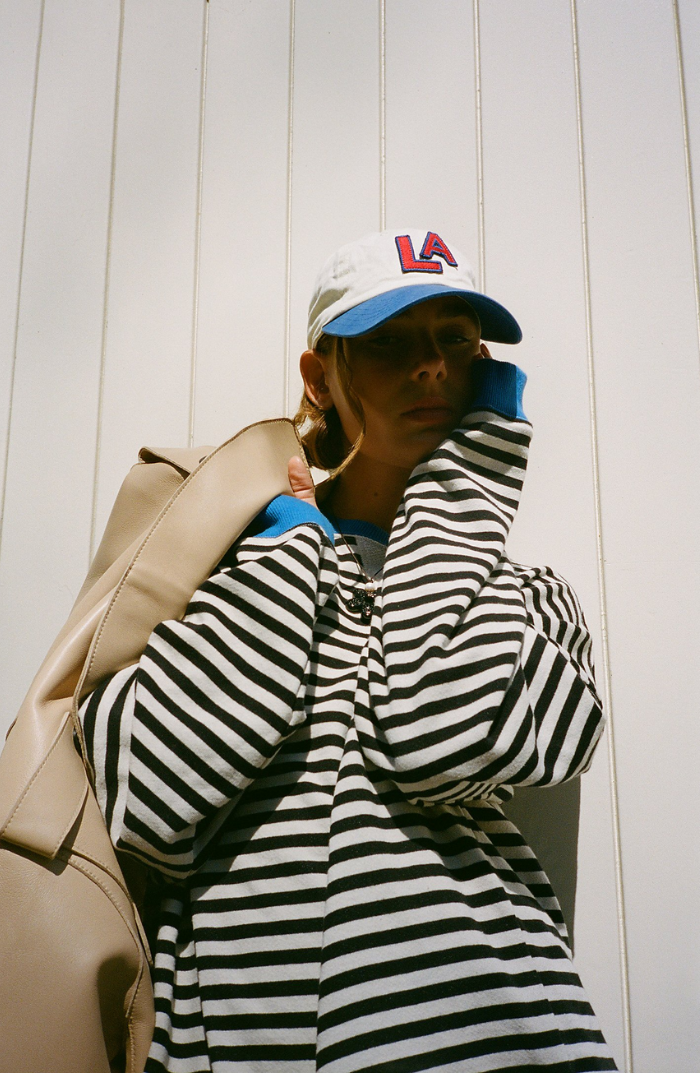 Heather Womens Oversized Striped Sweatshirt with Neon Trim in Blue and Black