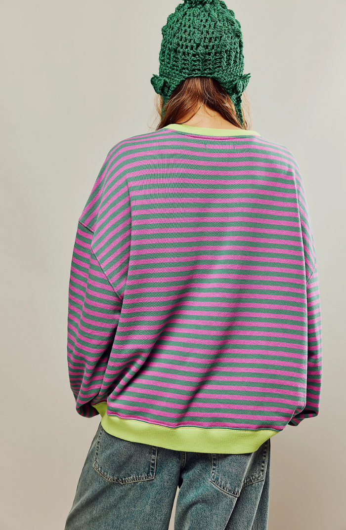 Heather Womens Oversized Striped Sweatshirt with Neon Trim