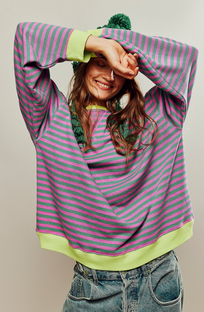 Heather Womens Oversized Striped Sweatshirt with Neon Trim in Green and Pink