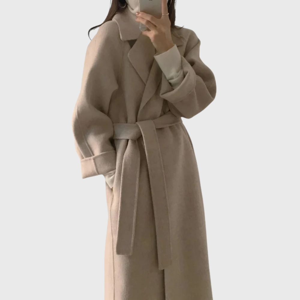 Brandi Womens Belted Wool Wrap Coat with Notched Collar in Apricot