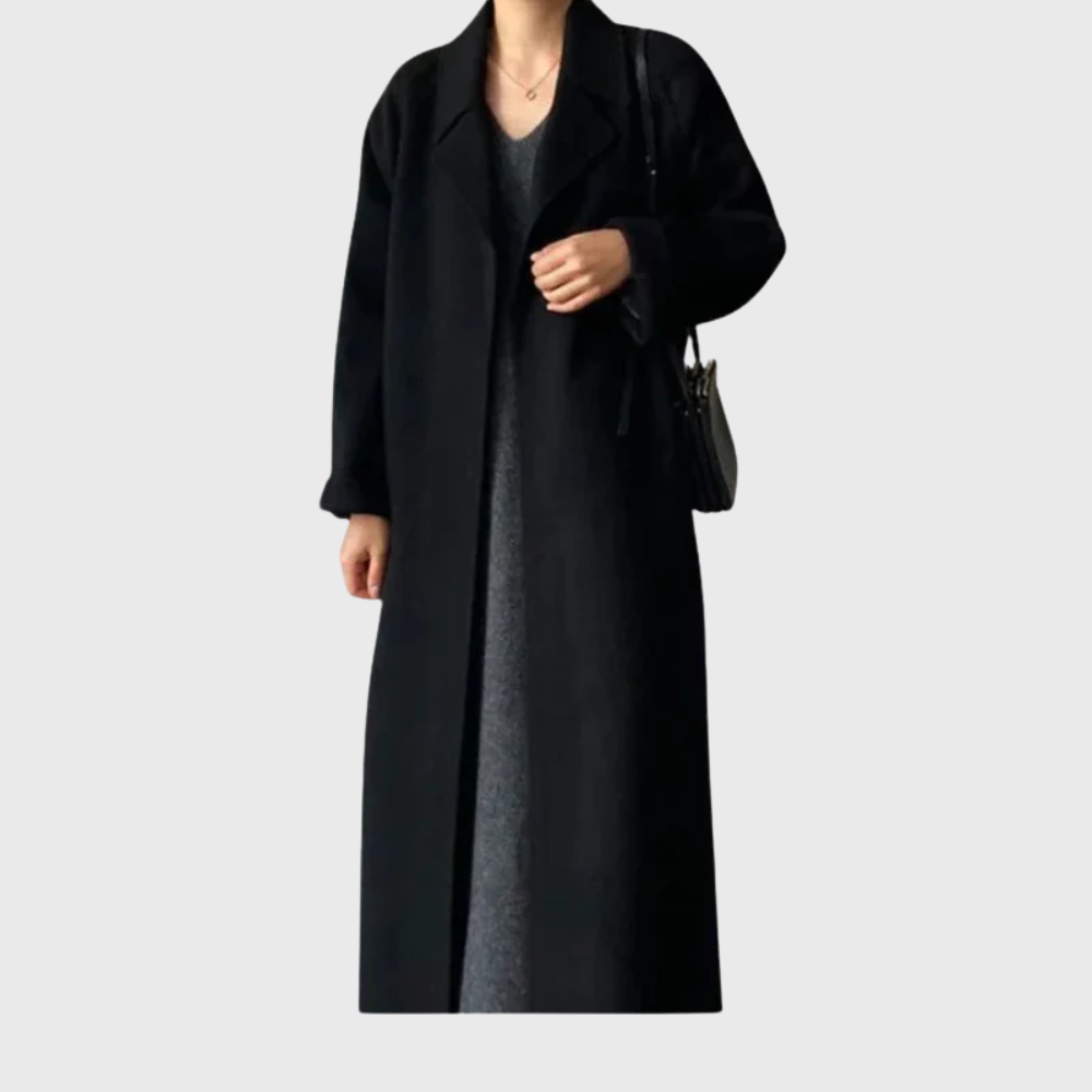 Brandi Womens Belted Wool Wrap Coat with Notched Collar in Black