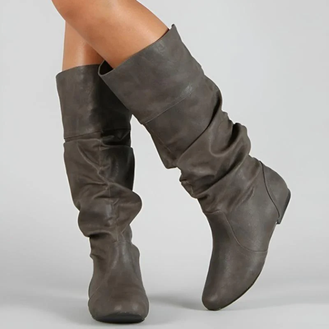 Lana Womens Mid Calf Leather Boots with Flat Sole in Gray
