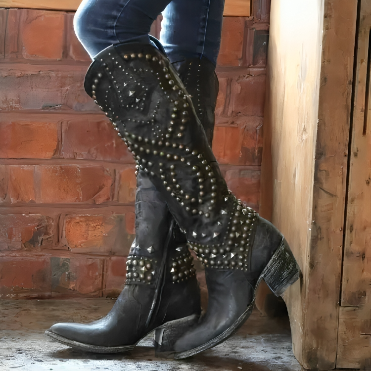 Riloh Womens Knee-High Boots with Pointed Toe in Black