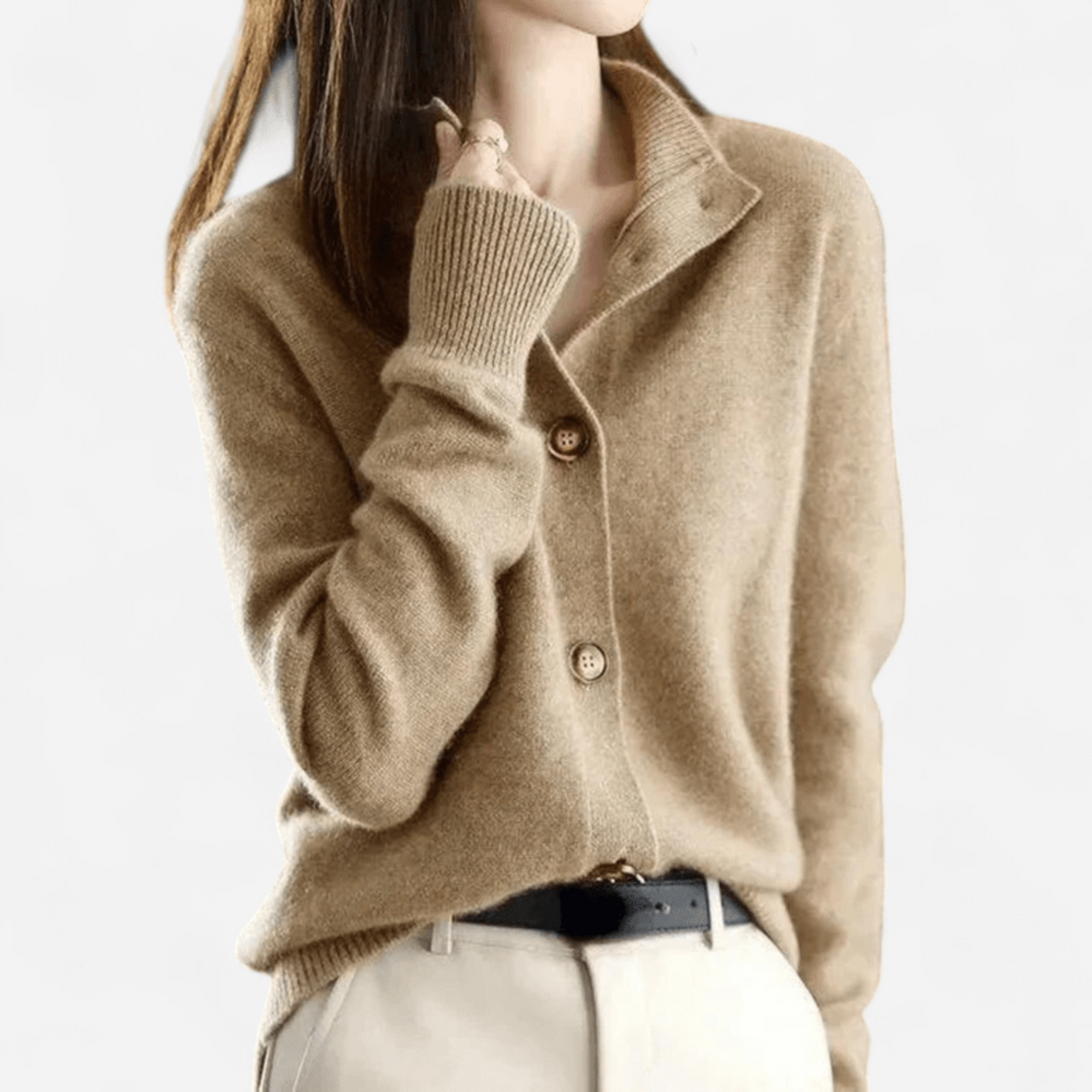 Jennifer Womens Cashmere Cardigan, Button Front in Khaki