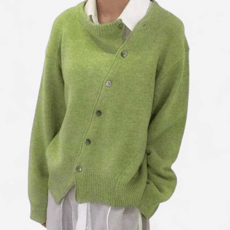 Serena Womens Cashmere Cardigan, Asymmetric Buttons in Green
