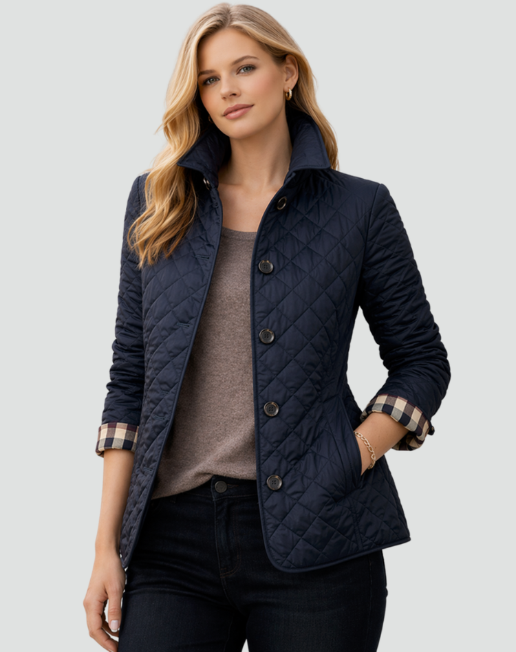Jasmine Womens Quilted Puffer Jacket with Diamond Stitching in Navy