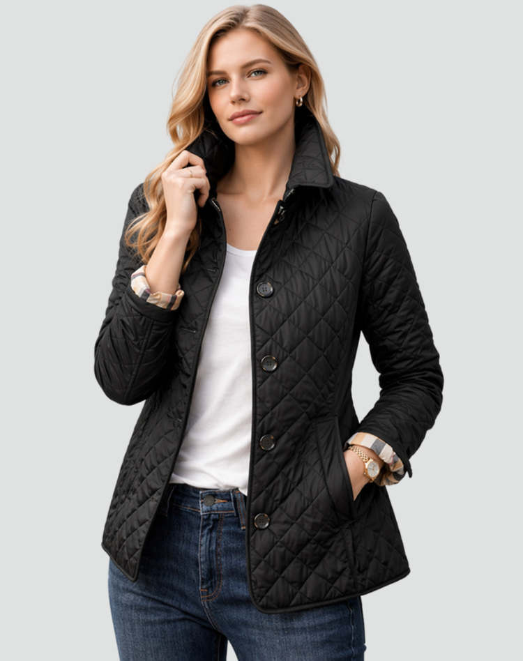 Jasmine Womens Quilted Puffer Jacket with Diamond Stitching in Black