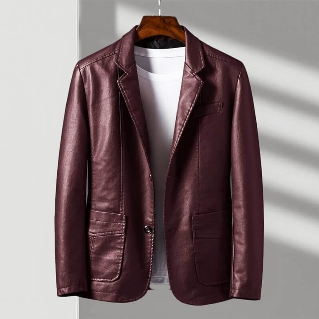 Sutton Mens Leather Blazer Jacket, Tailored Fit in Burgundy