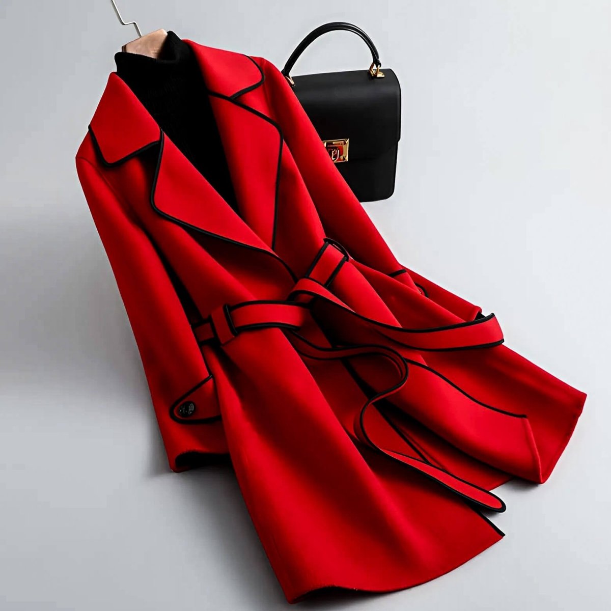 Madison Womens A-Line Wool Blend Coat with Belt in Crimson Red