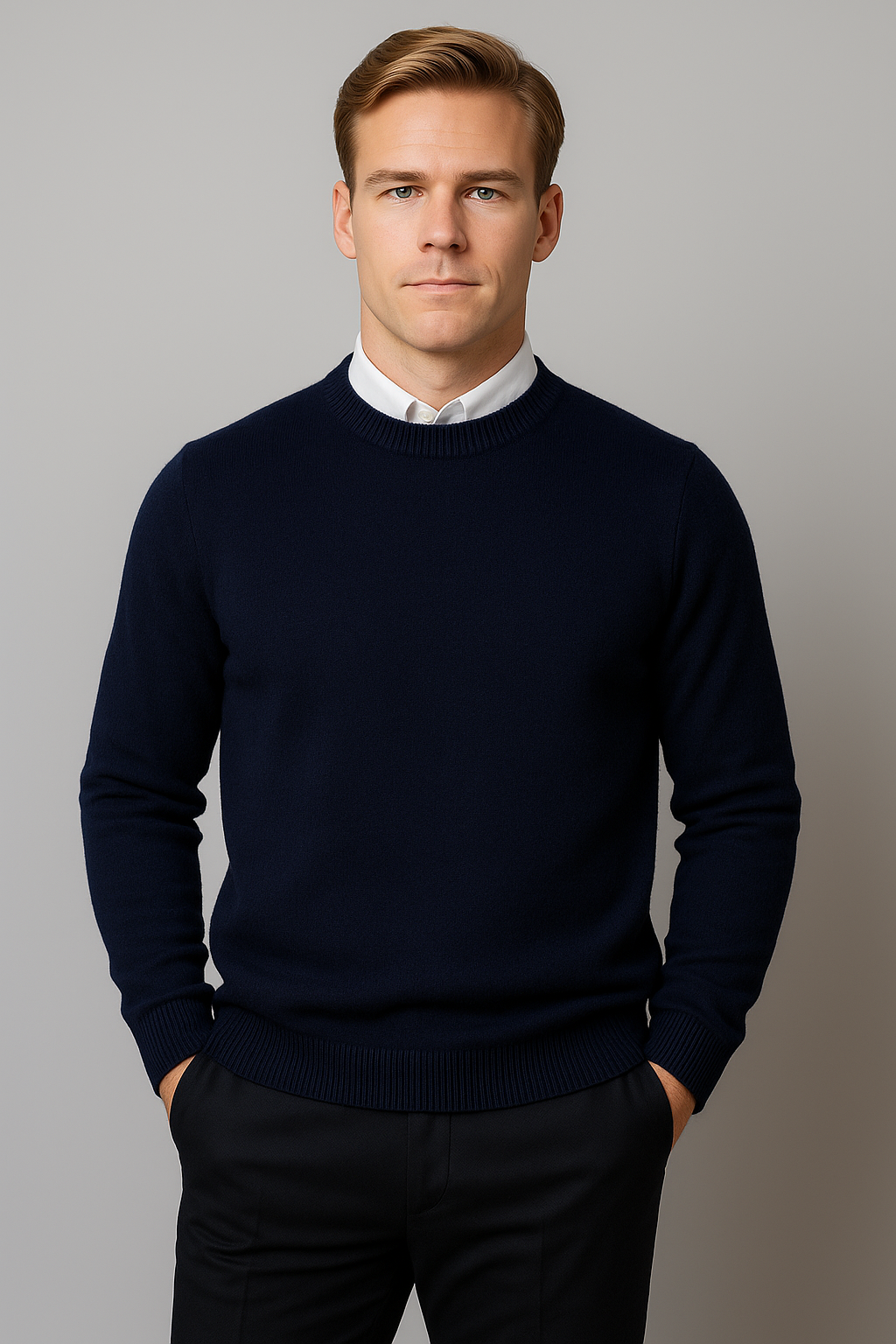 Colin Mens Crew Neck Knit Sweater with Ribbed Cuffs in Navy