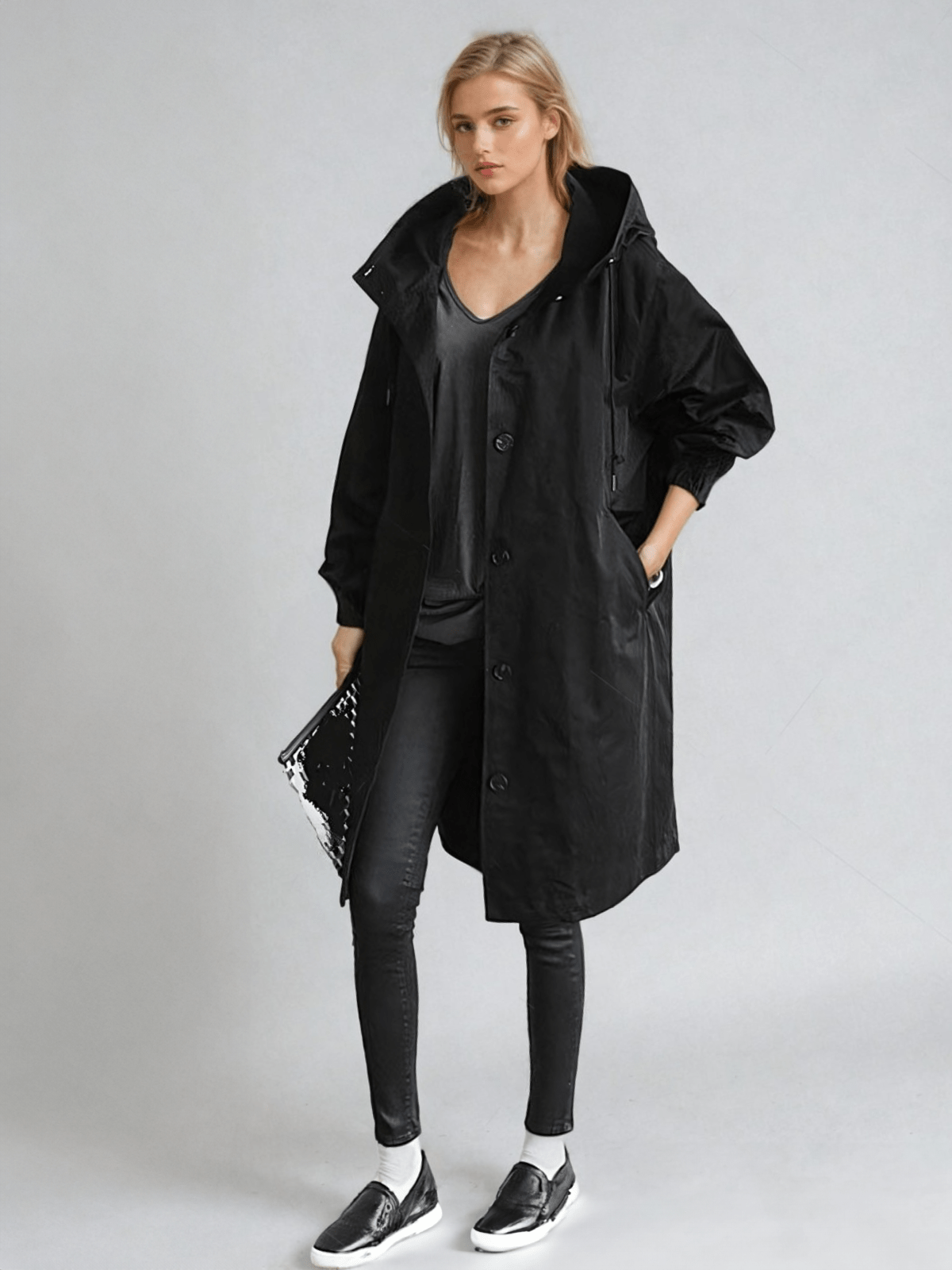 Mallory Womens Relaxed Fit Trench Coat for Fall and Spring in Black
