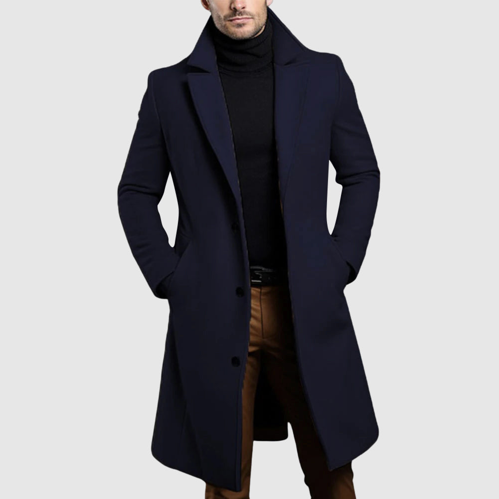 Men's Long Wool Coat, Single-Breasted | Lapel Collar, Side Pockets, Button Front | Khaki, Black, Gray or Blue | S–XXL
