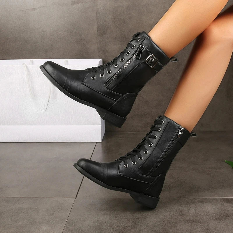 Katherine Womens Leather Lace-Up Boots with Zipper in Black