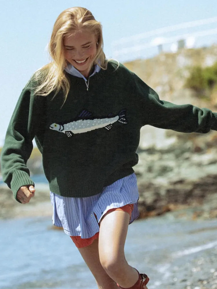 Hadley Womens Half-Zip Knit Sweater with Fish Pattern