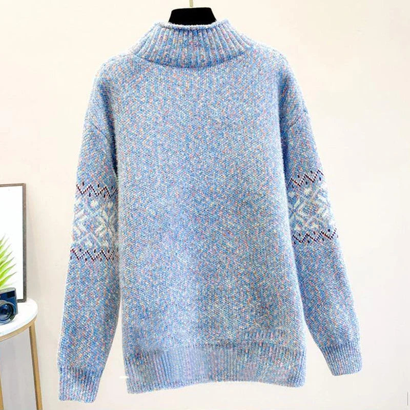 Women's Snowflake-Pattern Knit Sweater, High Neckline | Winter Print, Relaxed Fit | Pink, Beige, Blue or Gray | M–2XL