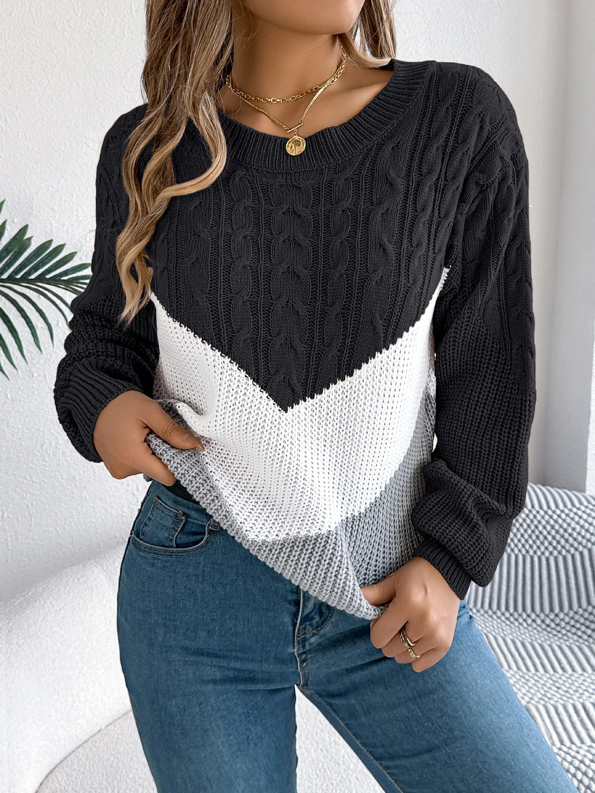 Women's Chevron Stitch Pullover, Cable-Knit Texture | Ribbed Cuffs & Hem, Polished Fit | Black, Khaki or Burgundy | S–XL