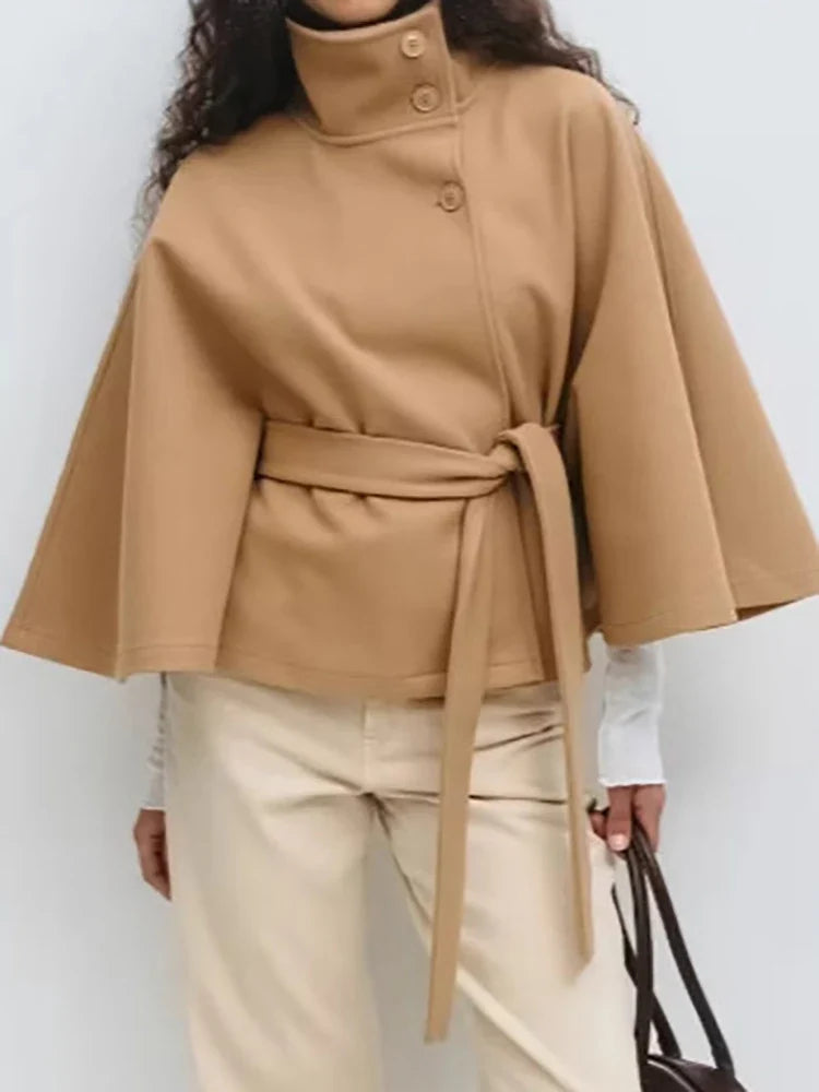 Leslie Womens Wool Blend Cape Coat with Belted Waist