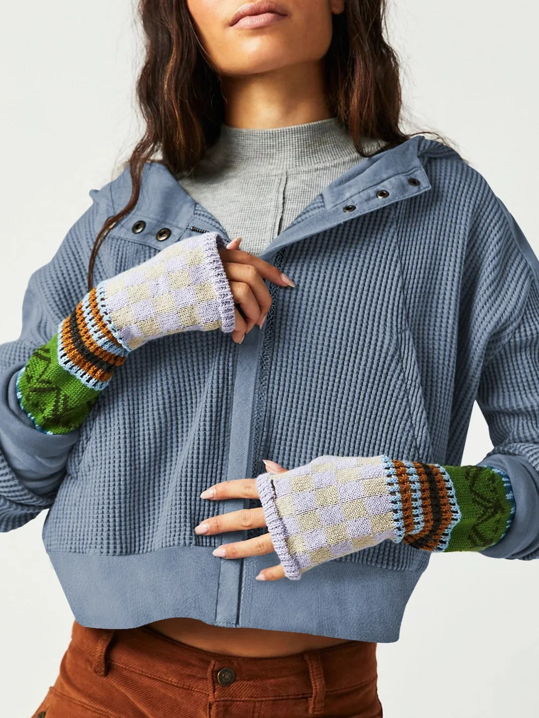 Christina Womens Cropped Zip Hoodie in Waffle Cotton