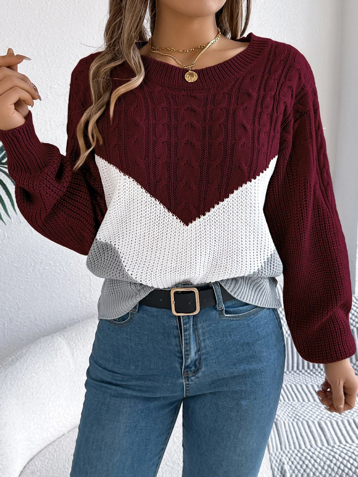 Women's Chevron Stitch Pullover, Cable-Knit Texture | Ribbed Cuffs & Hem, Polished Fit | Black, Khaki or Burgundy | S–XL