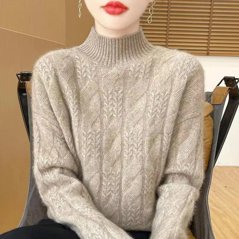 Whitney Womens Cable Knit Sweater with Half-High Collar