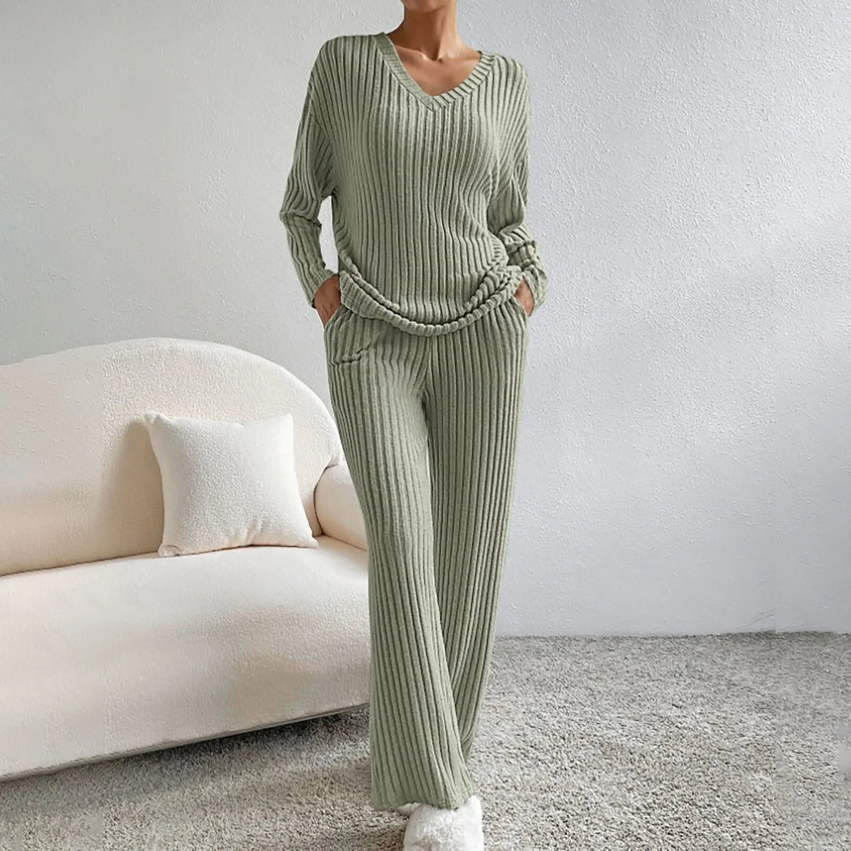 Women's Knitted Two-Piece Set, Ribbed Sweater & Trousers | V-Neck Top, Flexible Fit | 7 Colorways | S–2XL