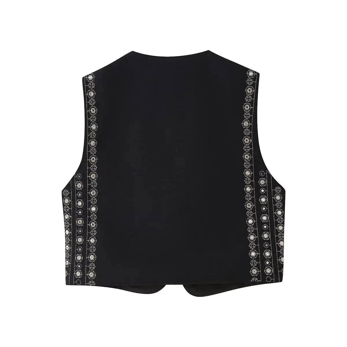 Women's Sequin-Embroidered Boho Vest, Cropped Cut | Hand-Stitched Sparkle, Open-Front Design | Black | Sizes S–L