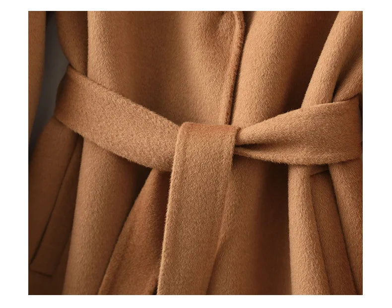 Claire Womens Belted Wool Coat in Midi Length