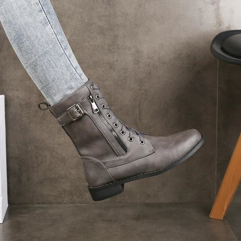 Katherine Womens Leather Lace-Up Boots with Zipper in Gray