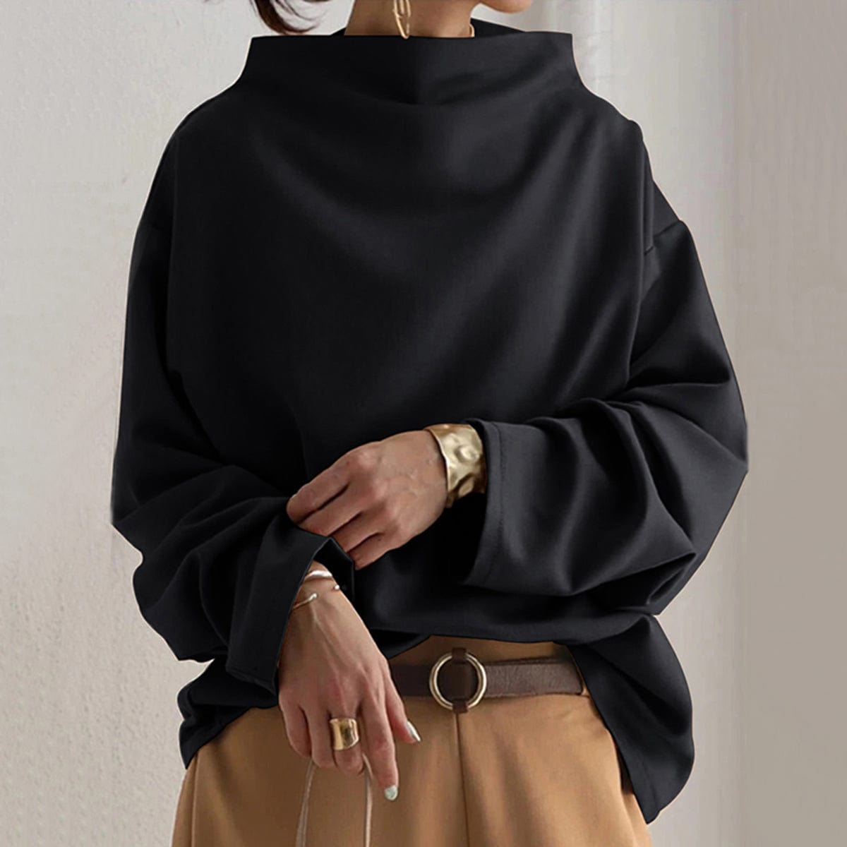 Women's High-Neck Soft Knit Top, Relaxed Oversized Fit | Chic High Neckline, Flattering Cut | Black, Blue or White | S–5XL