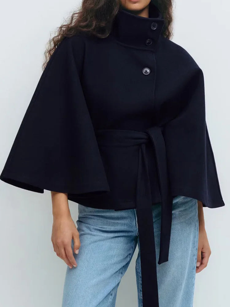 Leslie Womens Wool Blend Cape Coat with Belted Waist