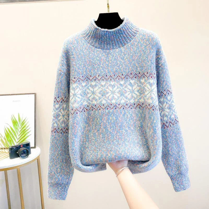 Women's Snowflake-Pattern Knit Sweater, High Neckline | Winter Print, Relaxed Fit | Pink, Beige, Blue or Gray | M–2XL