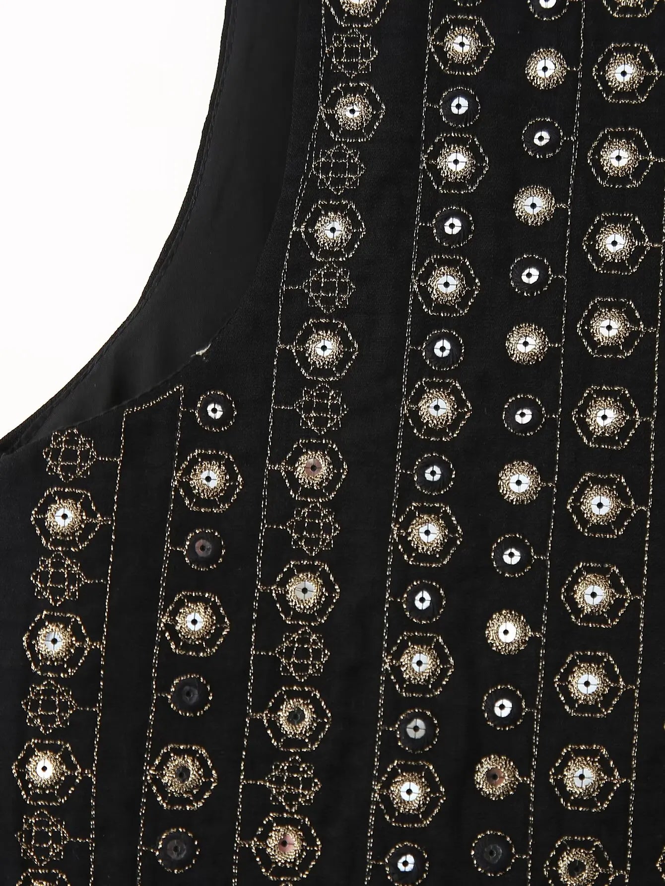 Women's Sequin-Embroidered Boho Vest, Cropped Cut | Hand-Stitched Sparkle, Open-Front Design | Black | Sizes S–L