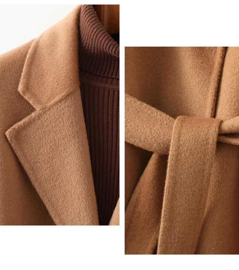 Claire Womens Belted Wool Coat in Midi Length