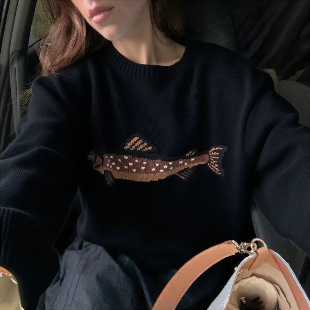 Hadley Womens Half-Zip Knit Sweater with Fish Pattern