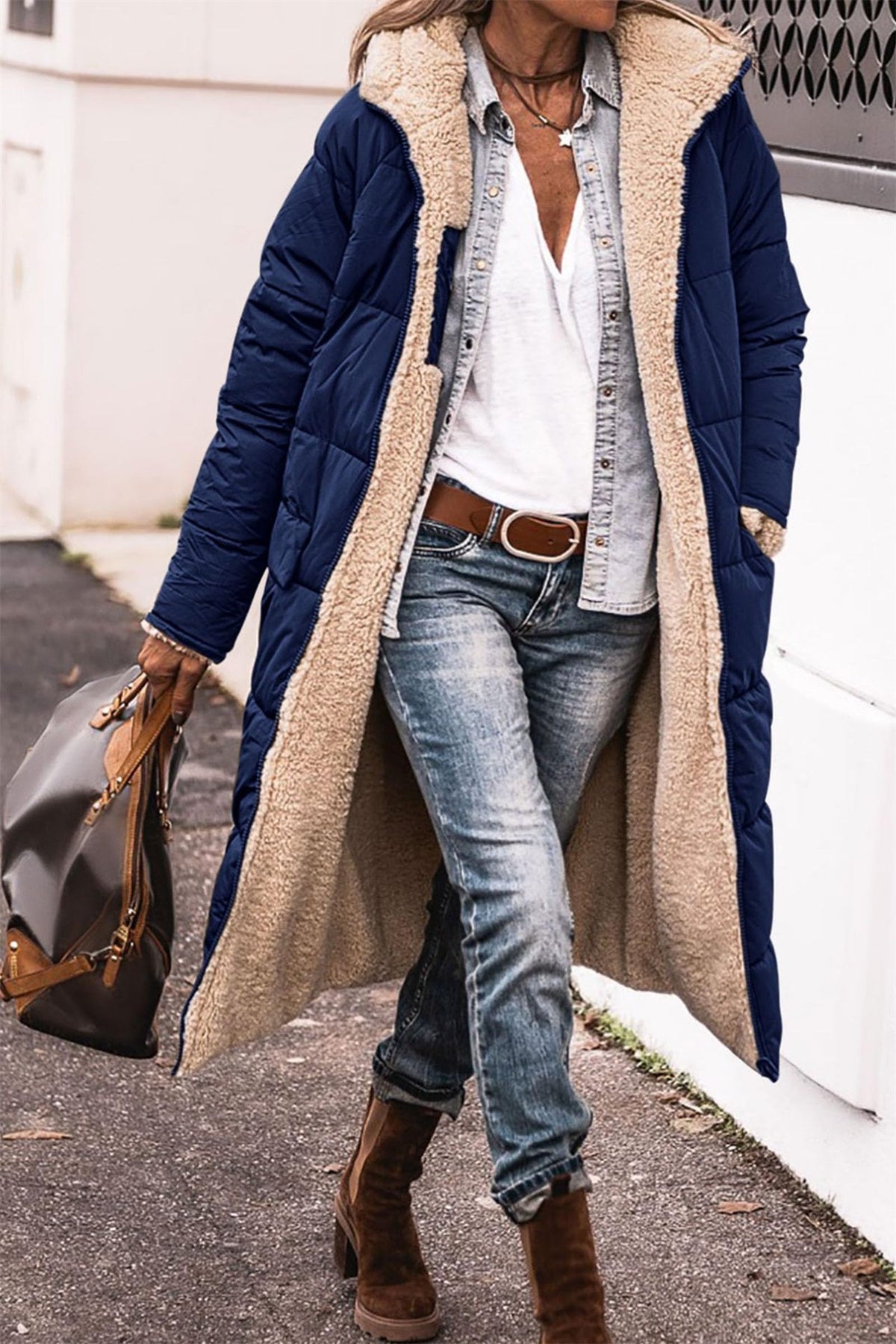 Angela Womens Longline Puffer Coat with Sherpa Lining in Blue