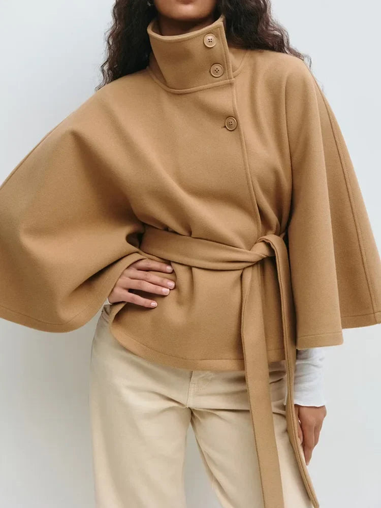 Leslie Womens Wool Blend Cape Coat with Belted Waist