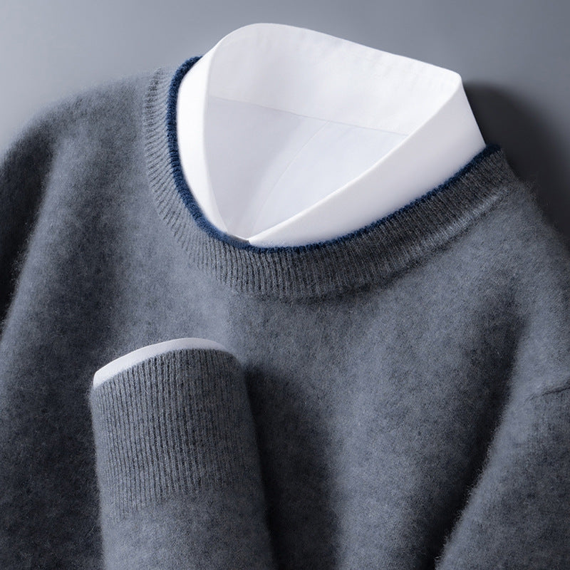 Bennett Mens Cashmere Crewneck Sweater, Contrast Trim in Dark Gray