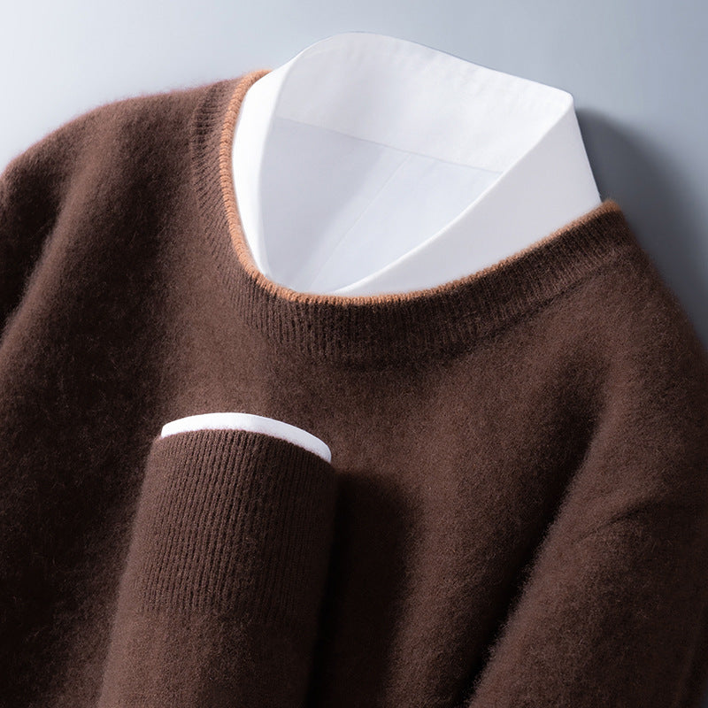 Bennett Mens Cashmere Crewneck Sweater, Contrast Trim in Coffee
