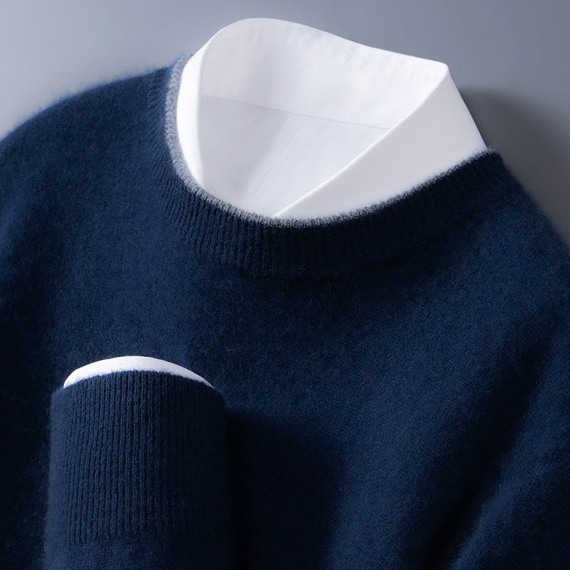 Bennett Mens Cashmere Crewneck Sweater, Contrast Trim in Navy
