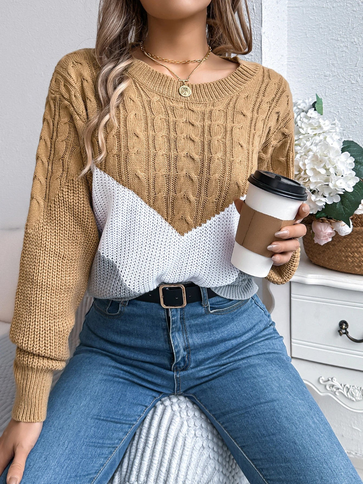 Women's Chevron Stitch Pullover, Cable-Knit Texture | Ribbed Cuffs & Hem, Polished Fit | Black, Khaki or Burgundy | S–XL