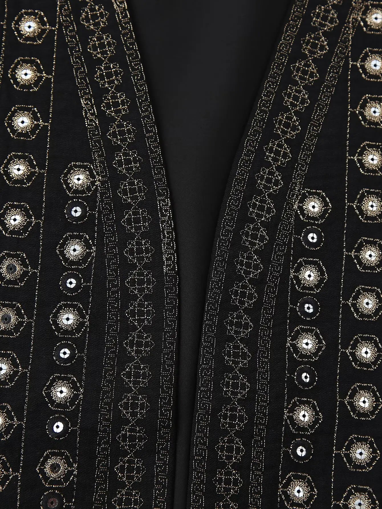 Women's Sequin-Embroidered Boho Vest, Cropped Cut | Hand-Stitched Sparkle, Open-Front Design | Black | Sizes S–L