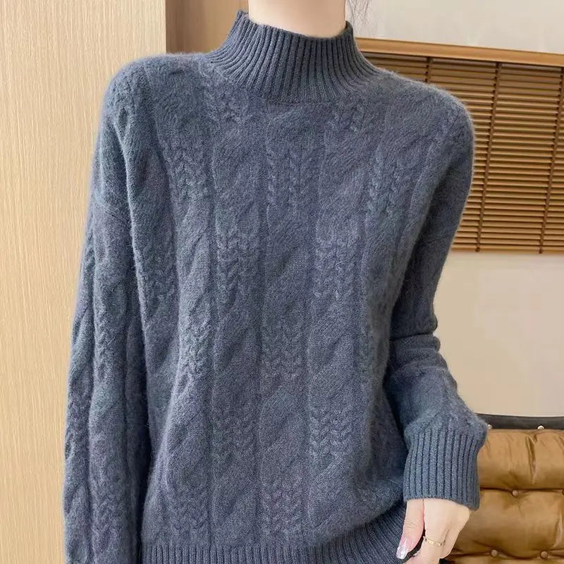 Whitney Womens Cable Knit Sweater with Half-High Collar