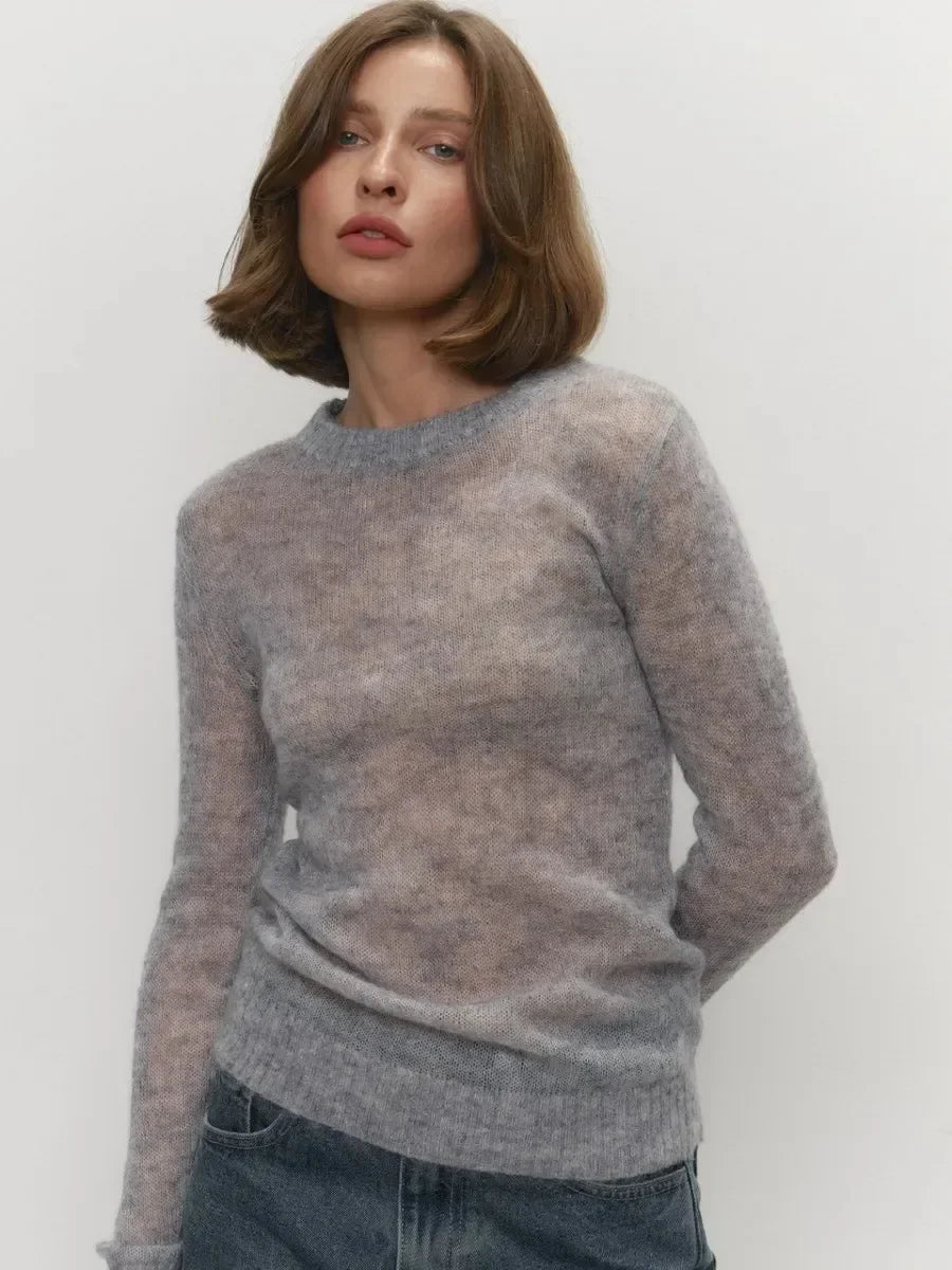 Natasha Womens Crewneck Knit Sweater in Gray