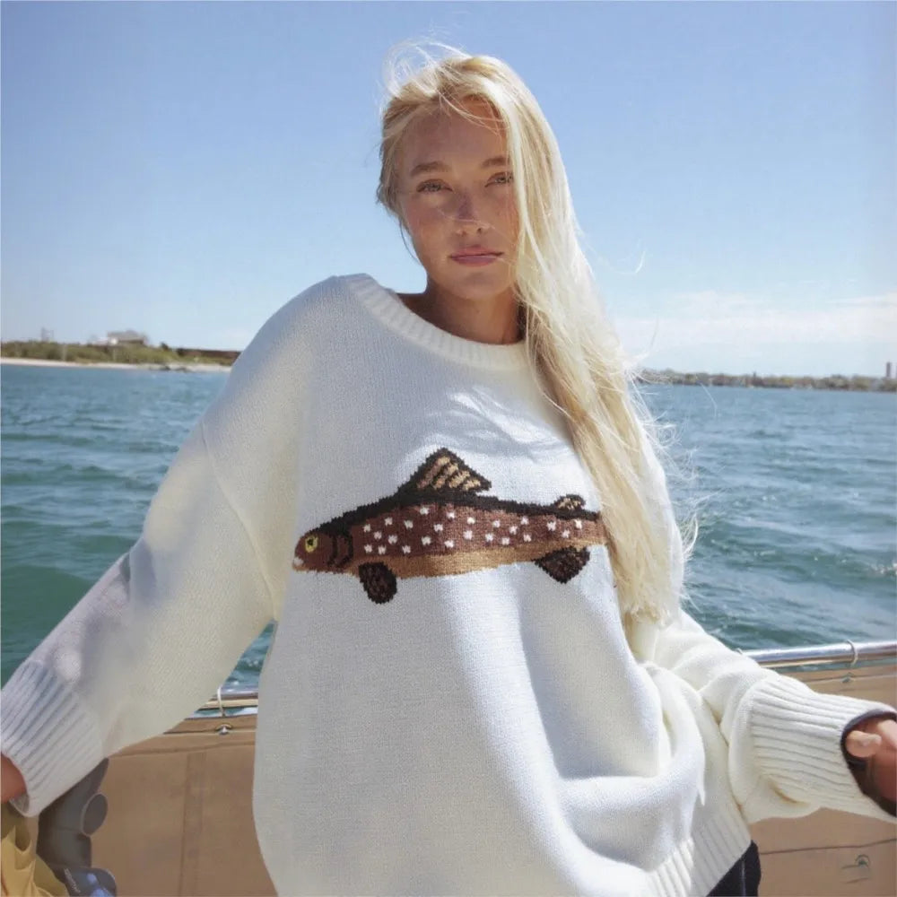 Hadley Womens Half-Zip Knit Sweater with Fish Pattern