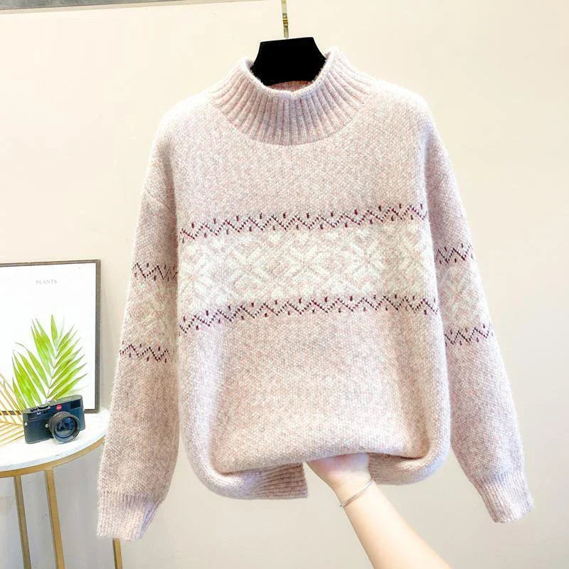 Women's Snowflake-Pattern Knit Sweater, High Neckline | Winter Print, Relaxed Fit | Pink, Beige, Blue or Gray | M–2XL