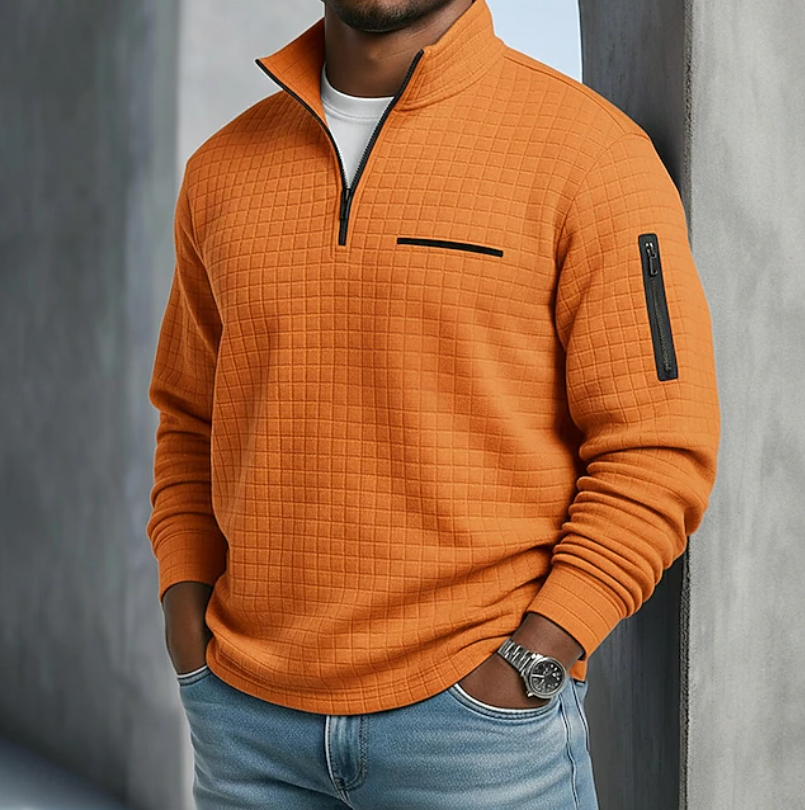 Kurt Mens Quarter-Zip Waffle Sweater in Orange